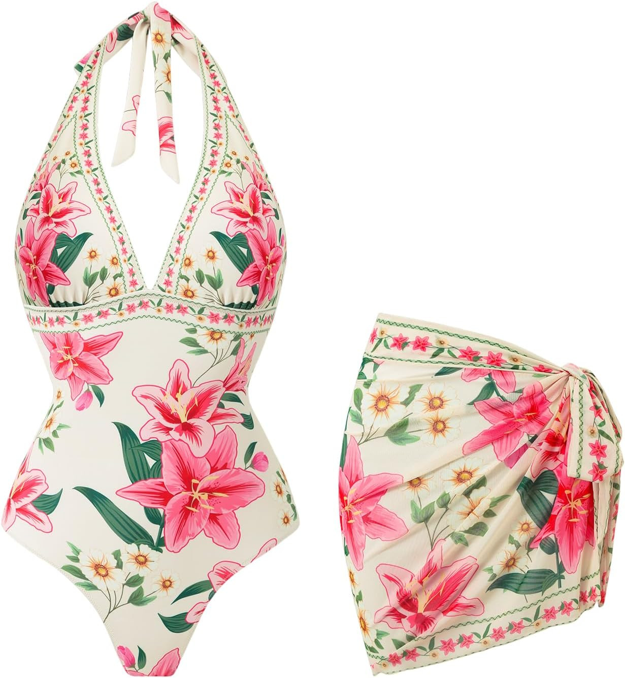 SherryDC Women's Sexy V Neck One Piece Swimsuit with Cover up Wrap Skirt Sarong Tummy Control Bathing Suit Swimwear | Amazon (US)