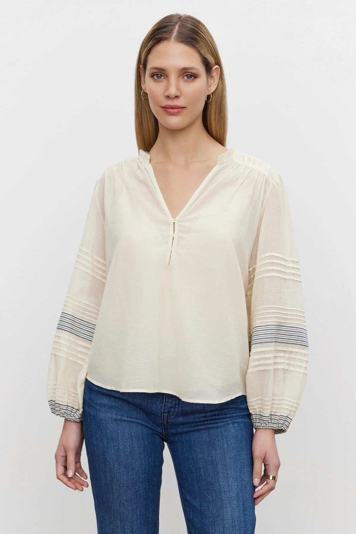 MATILDA STRIPE COTTON VOILE SPLIT NECK BOHO TOP | Velvet by Graham & Spencer
