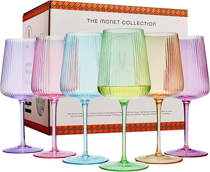 Khen Ripple Bright Colored Wine Glasses - Set of 6 Ribbed Crystal Fluted Big Long Stemmed Glasses... | Amazon (US)