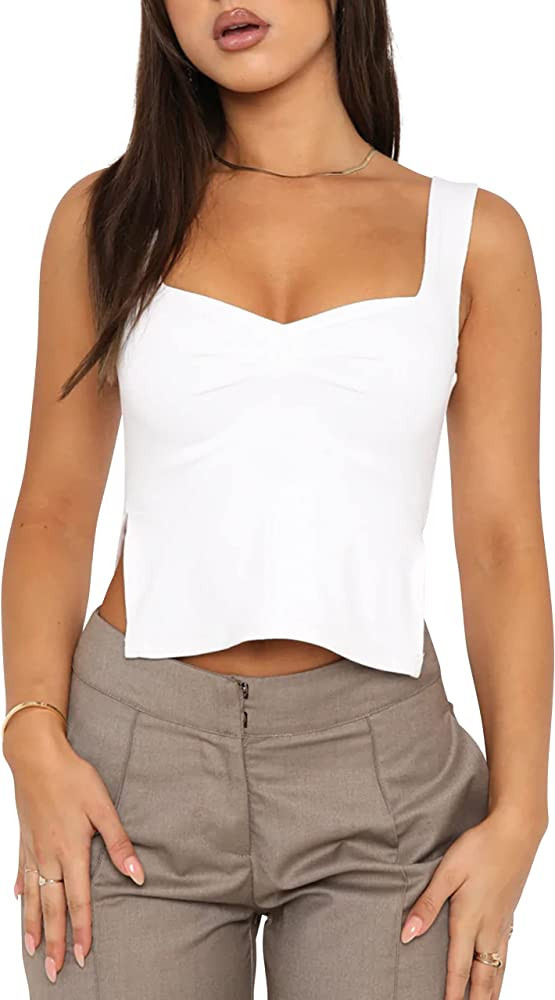 Lauweion Women Sleeveless Side Split Strappy Crop Tanks Top Ruched Sweetheart Neck Backless Sexy ... | Amazon (US)