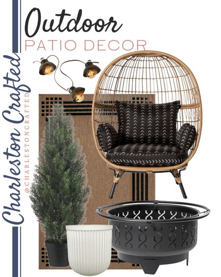 Outdoor patio decor includes egg chair, fire pit, fluted planter, outdoor rug, outdoor string lights, and outdoor artificial cedar tree.

Home decor, outdoor decor, outdoor furniture, outdoor living, outdoor entertainment 

#LTKhome #LTKSeasonal #LTKstyletip