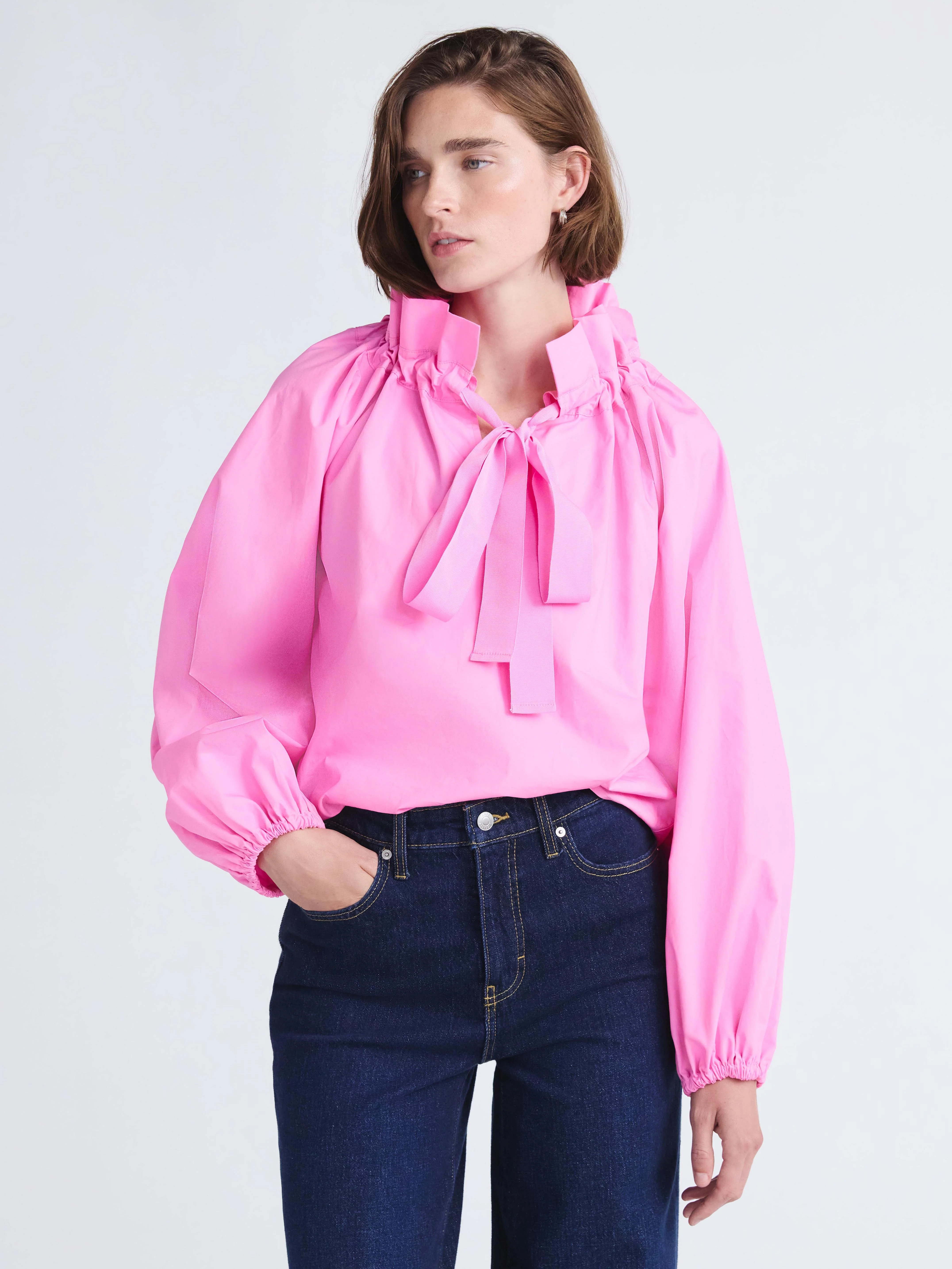 Free Assembly Women's and Women's Plus Size Ruffle Neck Cotton Top with Long Sleeves, XS-4X | Walmart (US)