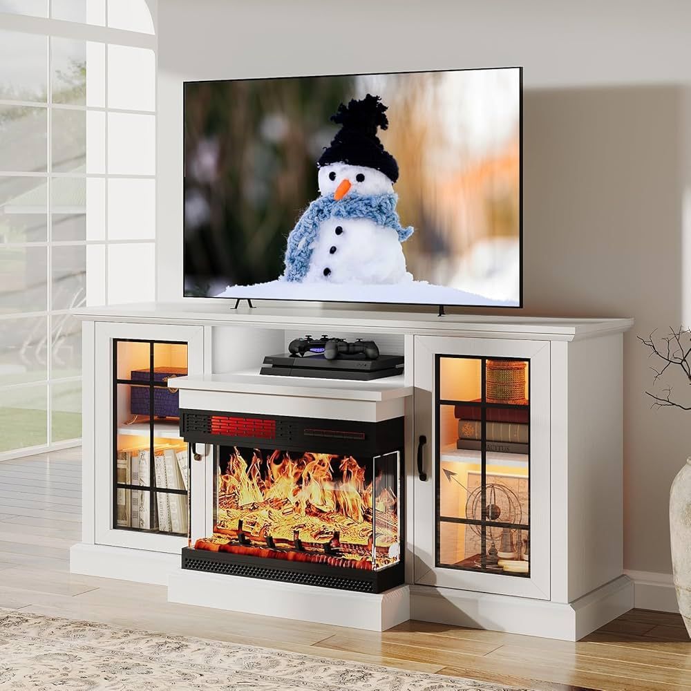 oneinmil 59'' Fireplace TV Stand, 3 Sided Glass Media Entertainment Center Console Table for TVs ... | Amazon (US)