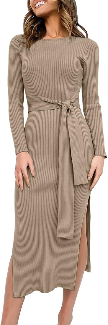 ANRABESS Womens Long Sleeve Sweater Dress Crew Neck Slim Fit Slit Tie Waist 2024 Ribbed Knit Body... | Amazon (US)