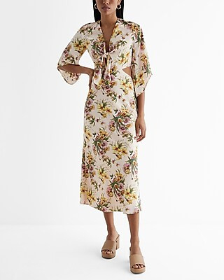 Satin Floral V-Neck Tie Front Cutout Midi Dress | Express
