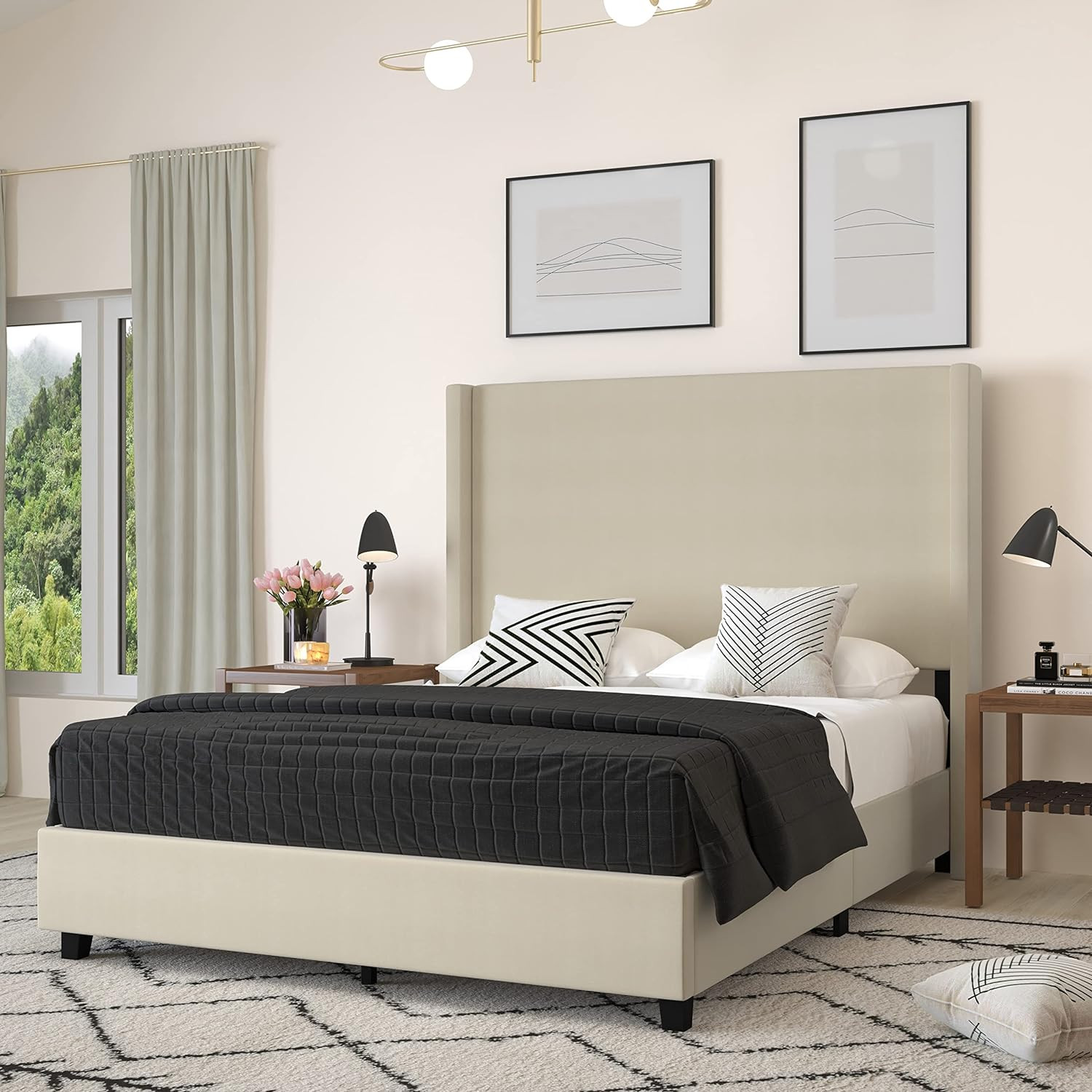 Merrick Lane Bramlett Modern Platform Bed - Beige Faux Linen - Queen - Padded Wingback Headboard ... | Amazon (US)