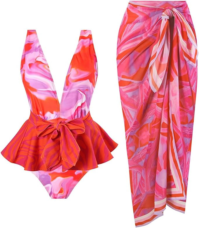 IBAKOM One Piece Swimsuit for Women with Matching Swim Long Skirt Sexy Push Up Bathing Suits Two ... | Amazon (US)