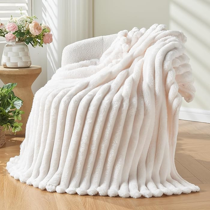 NEWCOSPLAY Super Soft Throw Blanket Ivory Premium Silky Flannel Fleece 3D Ribbed Jacquard Lightwe... | Amazon (US)