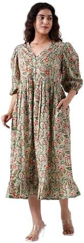 Indigo Bloom V-Neck Cotton Boho Midi Dress with Pockets Handmade Summer Beach Dress | Amazon (US)