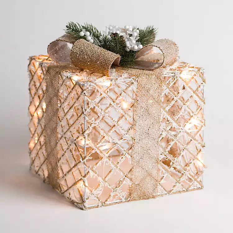New! Pre-lit Neutral Burlap Gift Box, 12 in. | Kirkland's Home