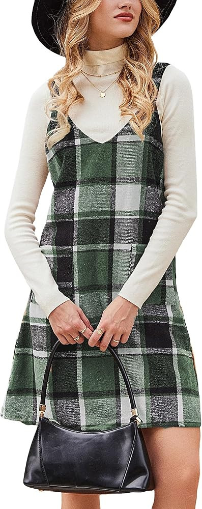 CUPSHE Fall Dresses for Women V Neck Plaid Sleeveless Wide Strpas Pockets Casual Pinafore Mini Ov... | Amazon (US)
