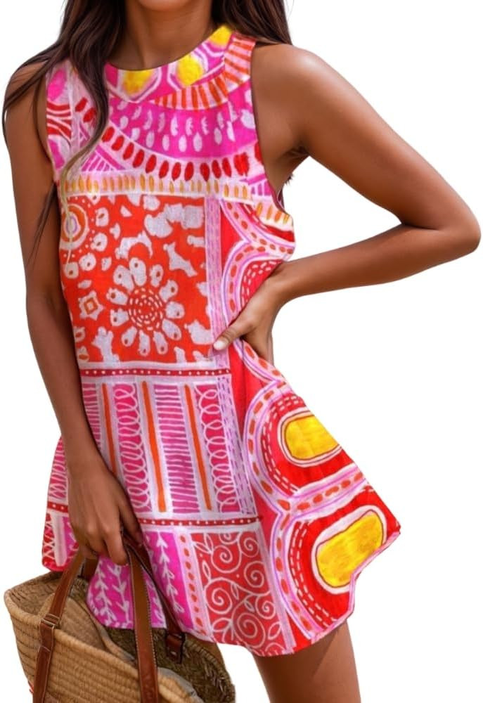 Women's Summer Ocean Animal Print Cotton Linen Mini Tank Dress Casual Loose Sleeveless Beach Vaca... | Amazon (US)