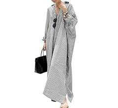 chouyatou Women's Casual Long Sleeve Button Down Loose Striped Cotton Maxi Shirt Dress | Amazon (US)