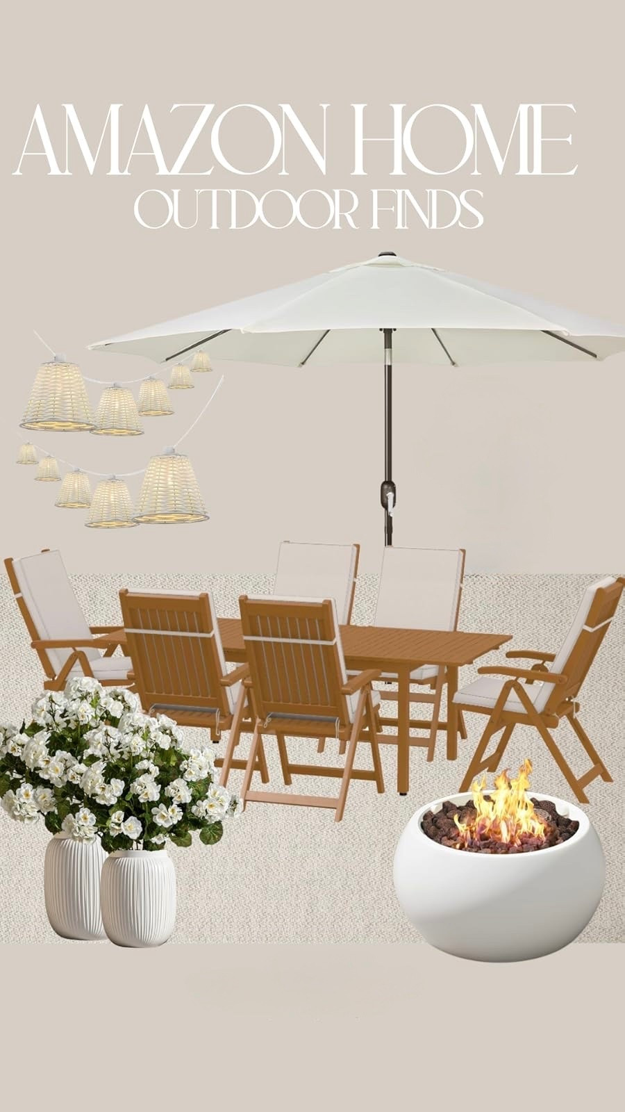 Neutral outdoor spaces will forever have my heart 🤍 Creating a patio that feels warm, elevated, and actually functional starts with layering timeless textures — warm wood tones, cozy cushions, soft lighting, and a statement fire feature to bring everything together. This setup feels like the perfect mix of relaxed and refined for summer nights outside ✨

Linked all of my favorite Amazon outdoor finds including this patio set, oversized umbrella, woven string lights, and fire bowl 🤎 #LTKHome #AmazonHome #OutdoorLiving #PatioInspo #NeutralHome