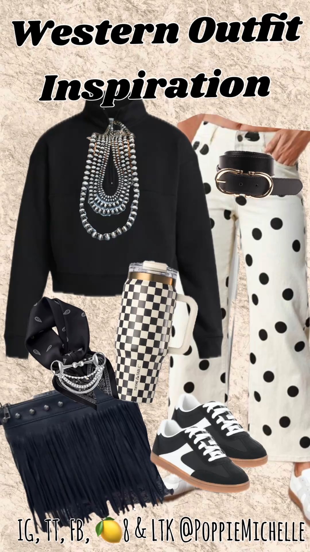 Outfit inspiration!

Black funnel neck sweatshirt. Black three-quarter zip sweatshirt, white pants with black polkadots, black and white polkadot cropped jeans. Black and white checkered Tumbler 32 ounce thyme and table Tumbler, black sneakers, black fringe purse, Western outfit Western inspiration.

#LTKMidsize #LTKootd #LTKdayinmylife