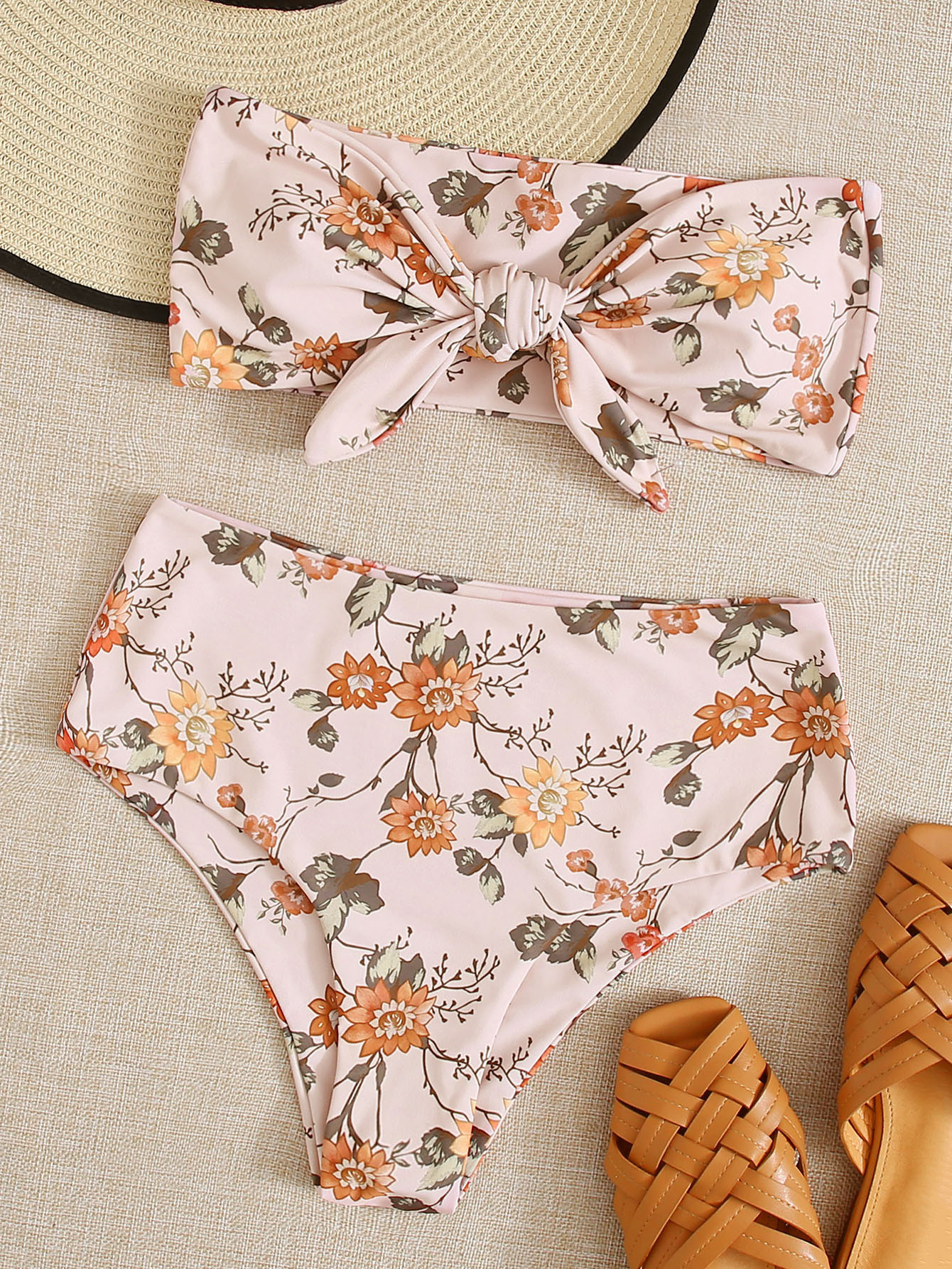 Floral Knot Front Bandeau High Waisted Bikini Swimsuit | SHEIN