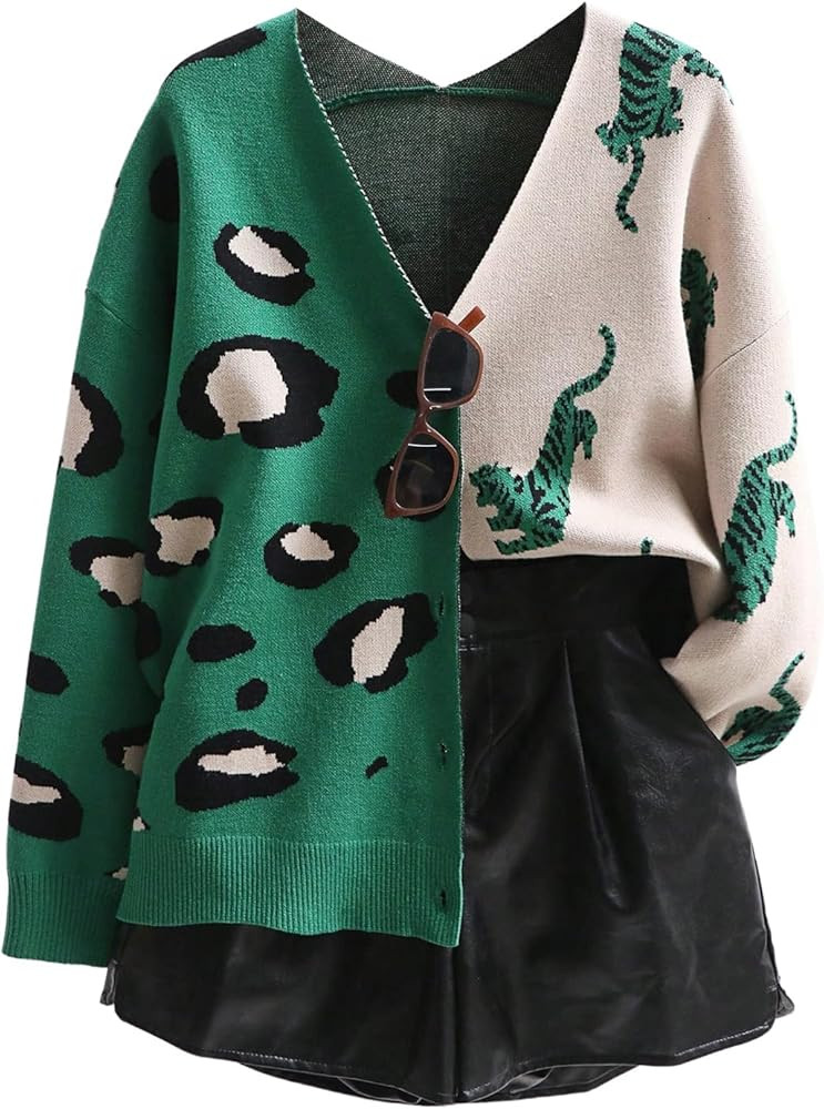 WDIRARA Leopard Tiger Print Cardigan Block Sweater | Amazon (US)