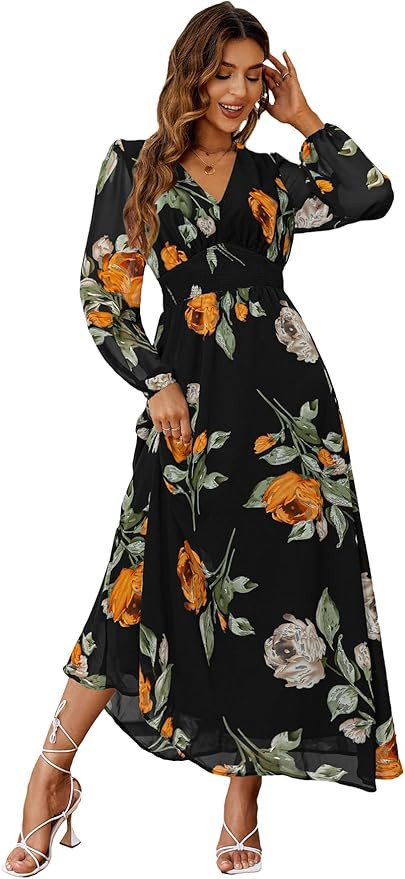 Simplee Women's Boho Floral Maxi Dress Flowy Casual V Neck Short Sleeve Wedding Guest Holiday Bea... | Amazon (US)