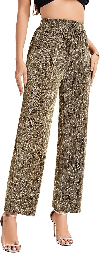 PEIQI Women High Elastic Waist Wide Leg Palazzo Pants Bling Glitter Casual Loose Long Sparkle Pan... | Amazon (US)