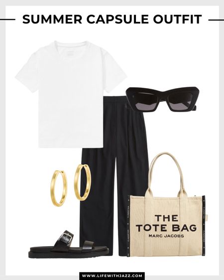 Casual summer capsule outfit 🖤

White tee / black relaxed pants / chunky sandals / canvas tote bag / sunglasses / earrings / everlane / Madewell / Loewe / sc24

#LTKStyleTip #LTKSeasonal