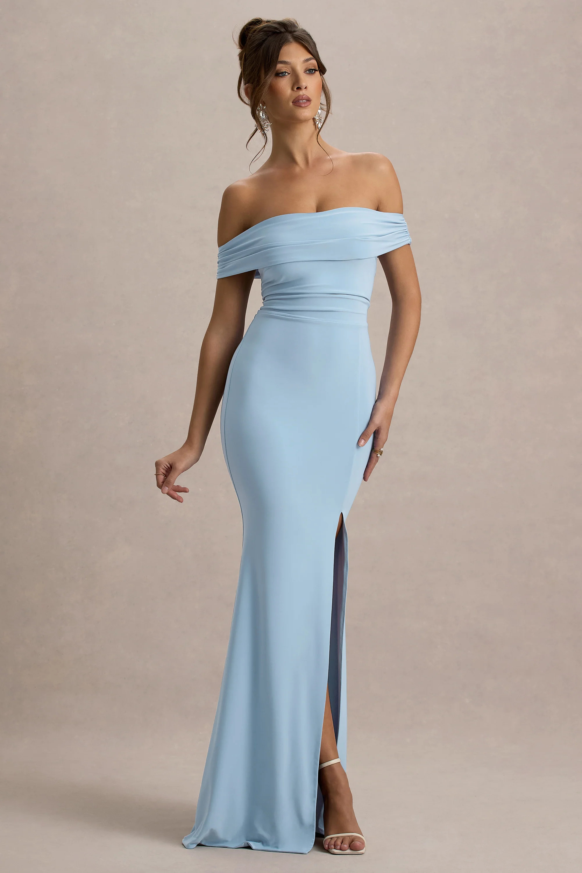 Law of Attraction | Powder Blue Bardot Draped Split Maxi Dress | Club L London