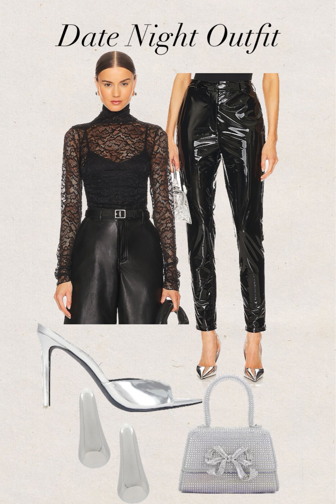 Date night outfit
Faux leather pants
Lace top
Silver heels
Silver purse
Bow purse
Silver earrings

#LTKitbag #LTKfindsunder50 #LTKfindsunder100
