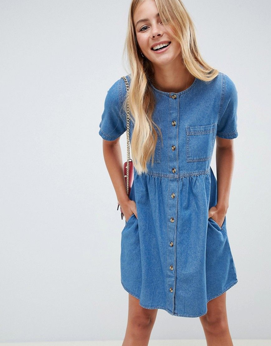 ASOS DESIGN denim smock dress in midwash blue - Blue | ASOS US