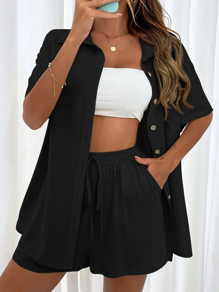 SHEIN Essnce Patched Pocket Drop Shoulder Shirt & Knot Front Shorts | SHEIN