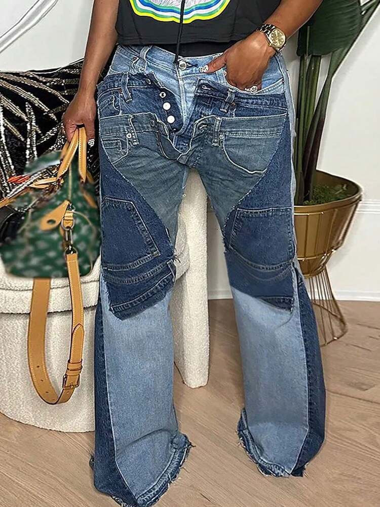 GLOURI Women's Patchwork Jeans - High Waist With Multi-Wash Panels & Frayed Hem | Relaxed Retro Fit For Street Style, Music Festivals, Weekend Errands & Casual Hangouts (Distressed & Statement-Making) For Everyday Looks | SHEIN