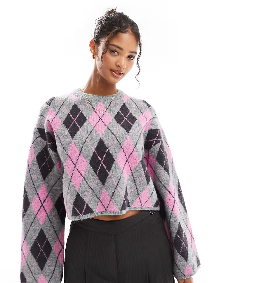 Bershka argyle round neck sweater in gray & pink | ASOS (Global)