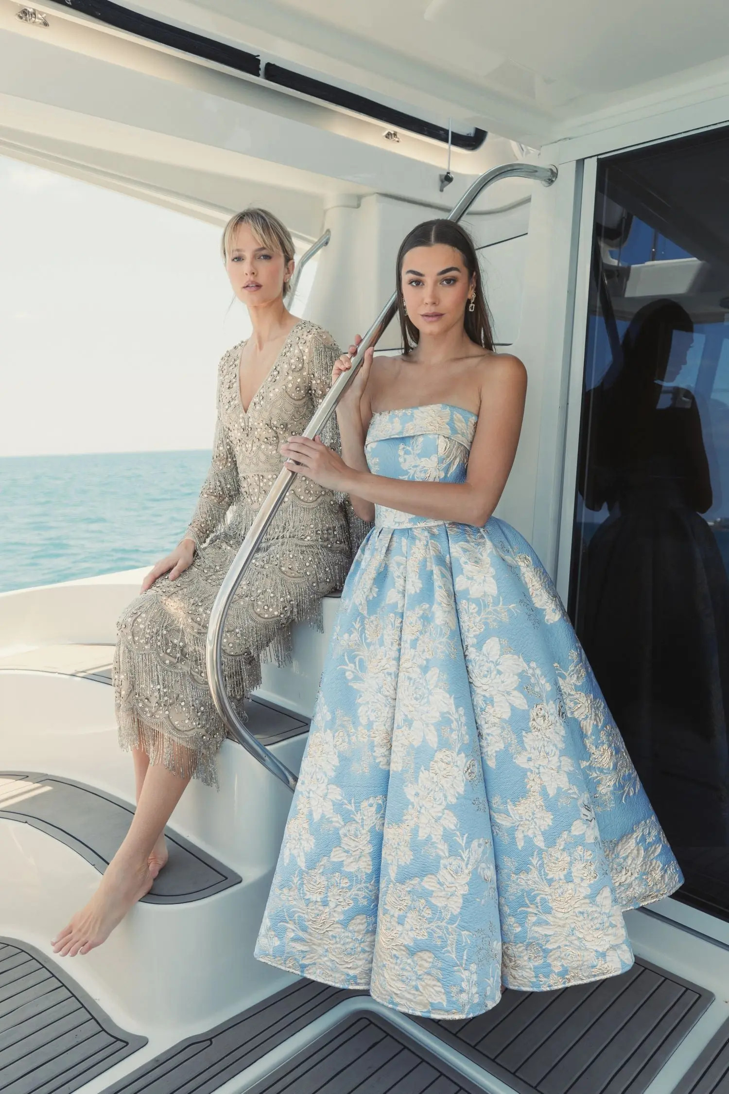 Blue Strapless Brocade Midi Dress with Pockets | Mac Duggal | Mac Duggal