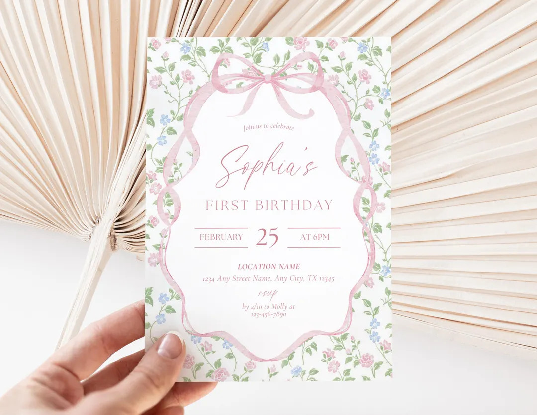 Pink Bow First Birthday Invite, Trendy Coquette Birthday Invite, Girly Anyage Birthday Invite, Ou... | Etsy (Global)