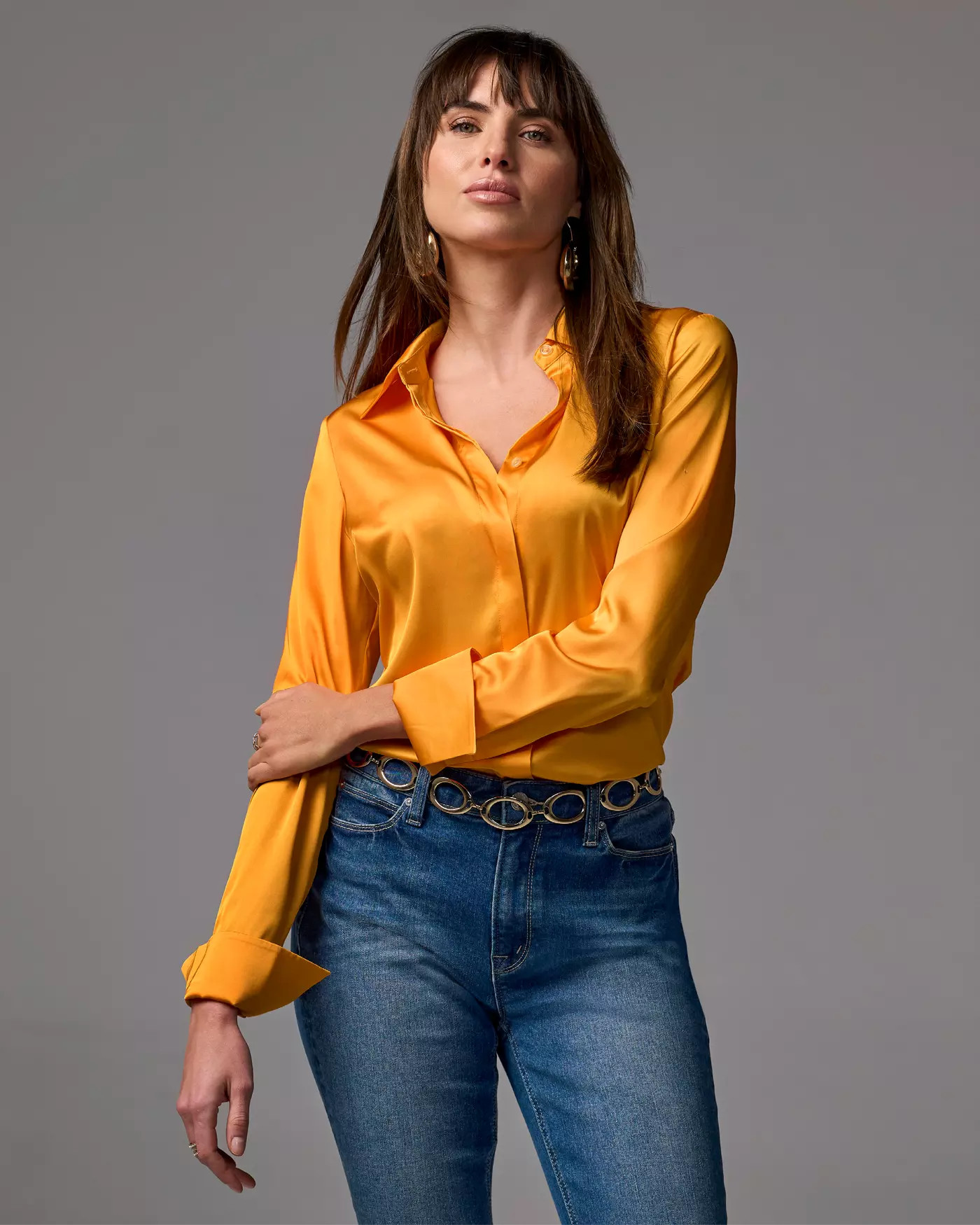 Sophia Button-Up Charmeuse Blouse - Orange Pop | Boston Proper | Boston Proper