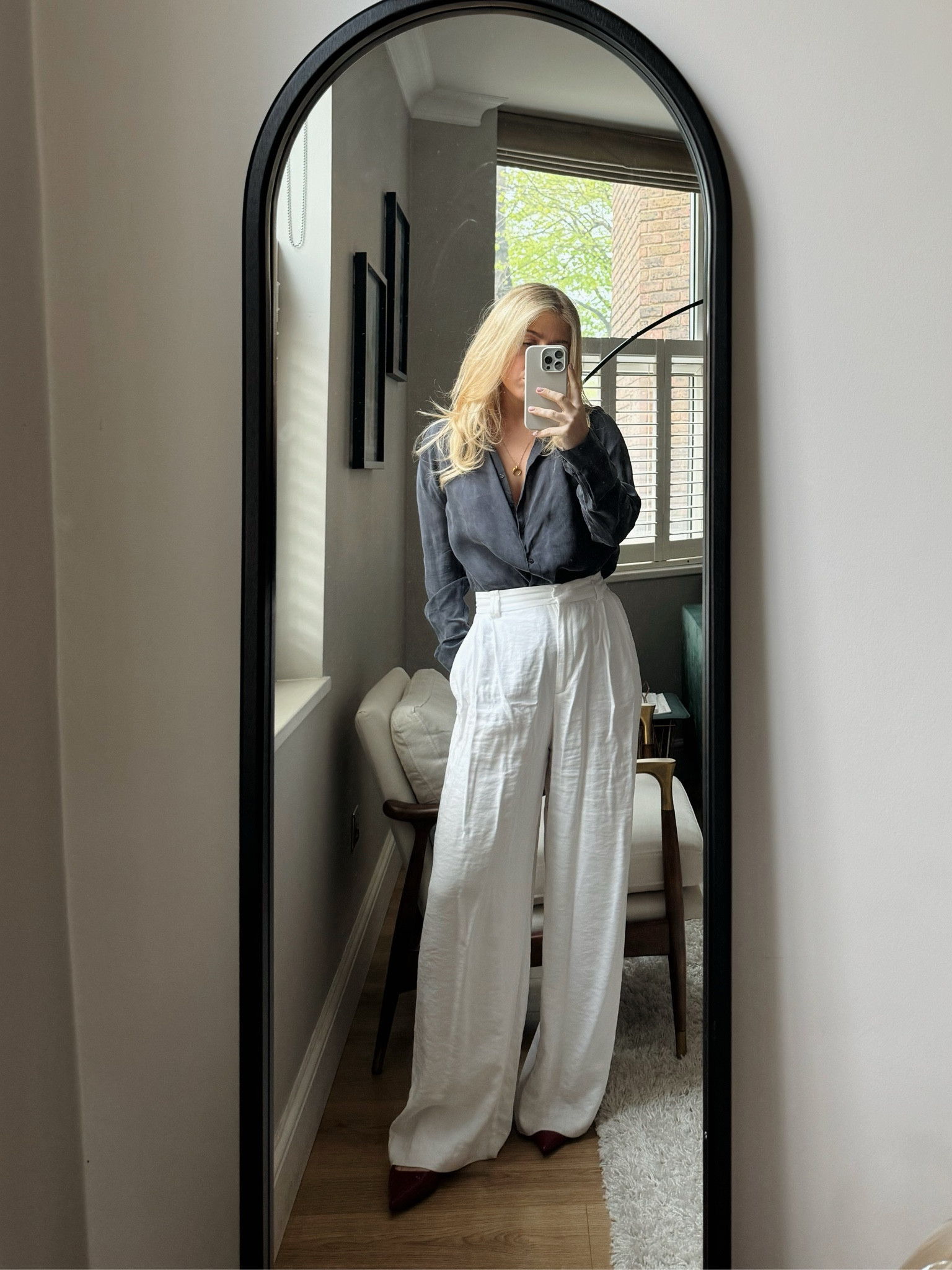 Work/office or a cute dinner outfit. Flowy oversized shirt, wide leg white linen trousers and some pointy cherry red kitten heels 

#LTKSeasonal #LTKstyletip #LTKworkwear
