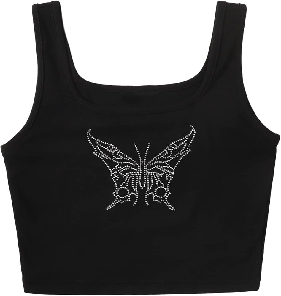 Verdusa Women's Square Neck Sleeveless Rhinestone Butterfly Tank Crop Top | Amazon (US)