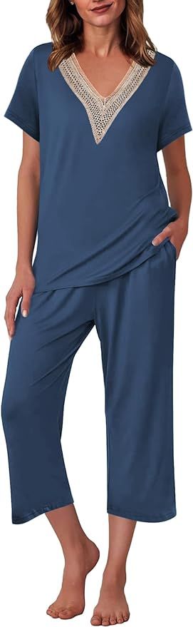 Ekouaer Women's Pajamas Set Short Sleeve Lace V Neck Sleepwear Top Capri Pants Pjs Sets Soft Loun... | Amazon (US)