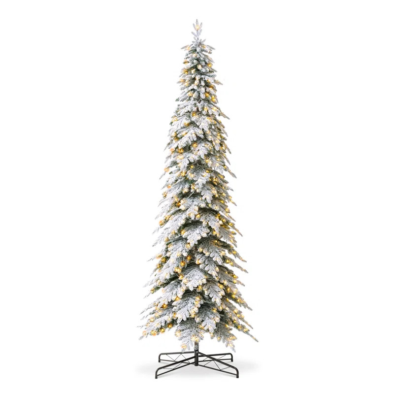 The Holiday Aisle® Hersi 11' Pre-Lit Slender Flocked Realistic Spruce Christmas Tree with 700 LE... | Wayfair North America
