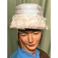 Chic Original Vintage Mid Century White Linen Bucket Hat With Fabric Flower Trim 21.5"" Around Inside Lightly Spotty Front | Etsy (US)