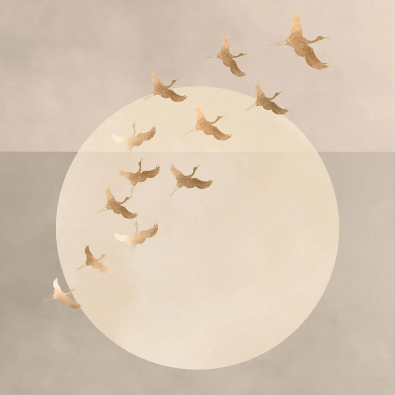 Gold Cranes Japanese Wall Art Print Flock Flying Birds Print - Etsy | Etsy (US)