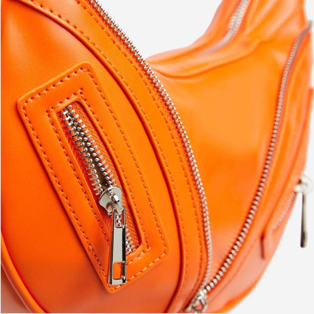 Thunder Multi Zip Detail Shaped Shoulder Bag In Orange Faux Leather | EGO Shoes (US & Canada)