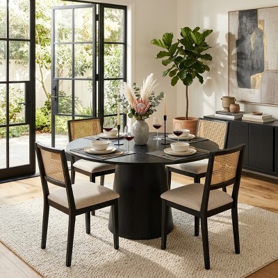 Round Dining Table Set for 4, Black Pedestal Table and Solid Wood Upholstered Dining Chairs with Rattan Backs, Ideal for Kitchen-Panipeachy | Target