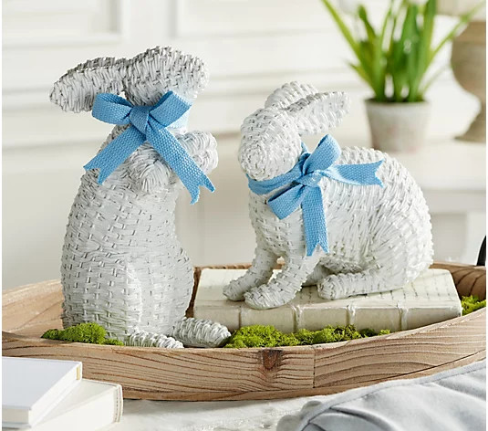 Set of 2 Rattan Wicker Bunny Figures with Ribbon by Valerie | QVC