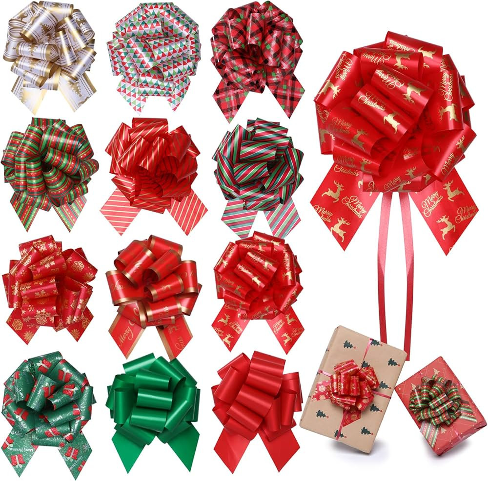 12 pcs Large Christmas Bows for Gift Wrapping,5 inch Wide Xmas Pull Bows for Presents,Christmas G... | Amazon (US)