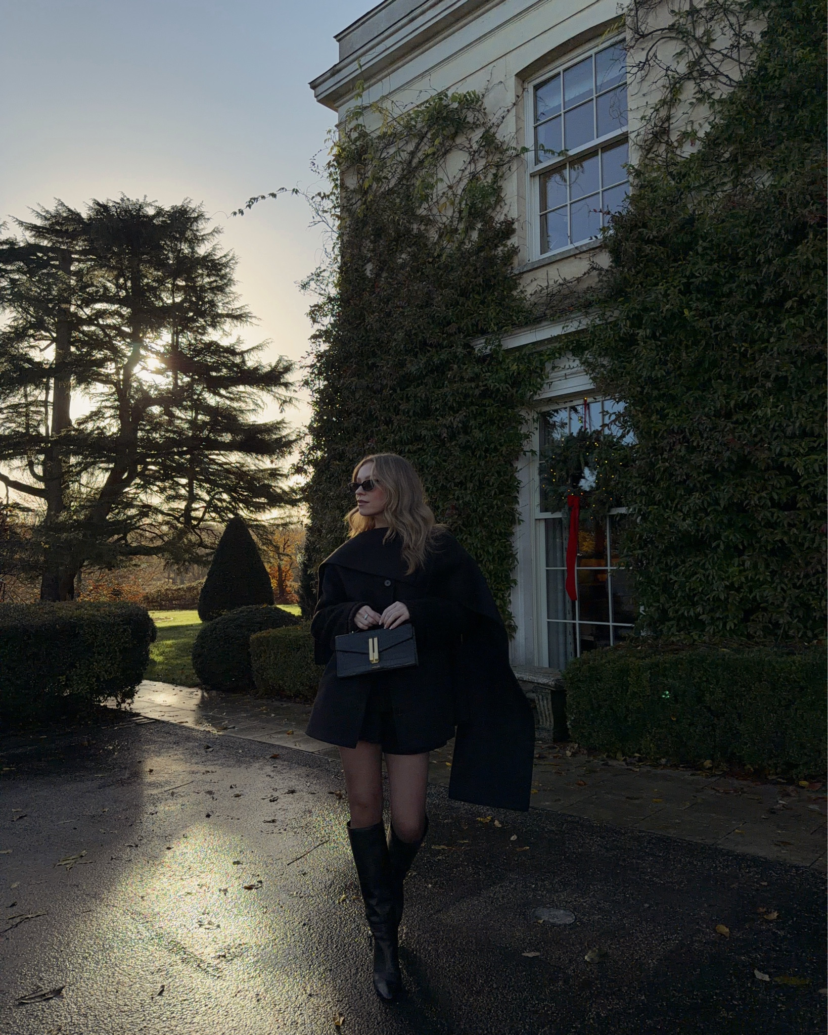 Scarf coat, countryside outfit, sheer tights, tailored shorts, knee high boots 

#LTKuk #LTKstyletip #LTKwinter