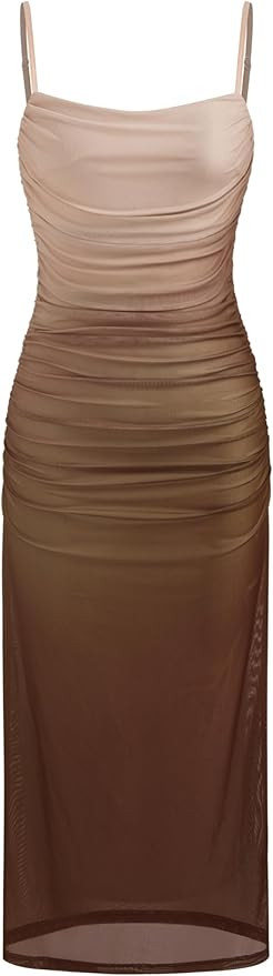 CIDER Maxi Dress Party Ruched Bodycon Dress Mesh Ombre Sleeveless Square Neck Gradient | Amazon (US)