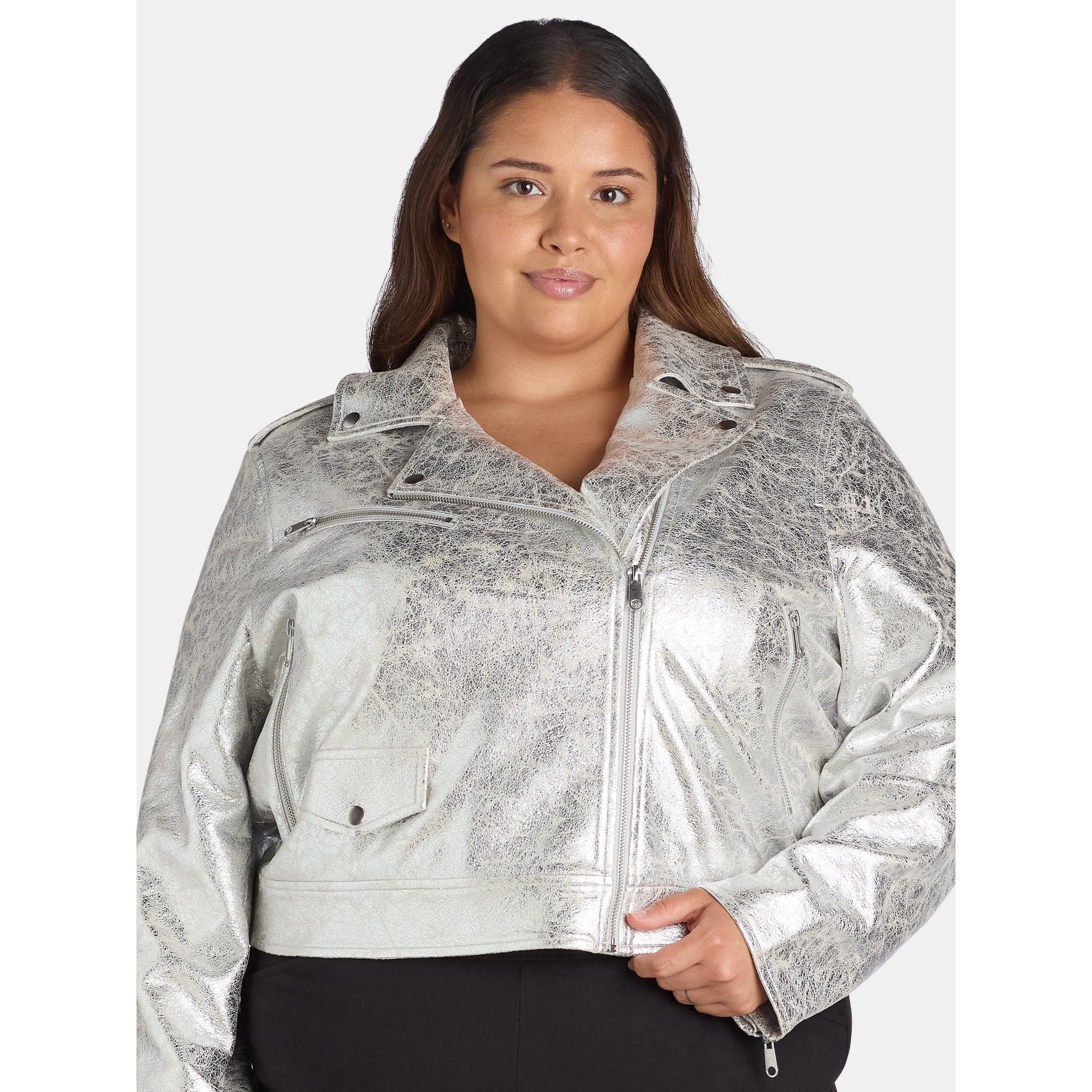 Terra & Sky Black Label Women's Plus Size Faux Leather Metallic Jacket, 0X-5X | Walmart (US)