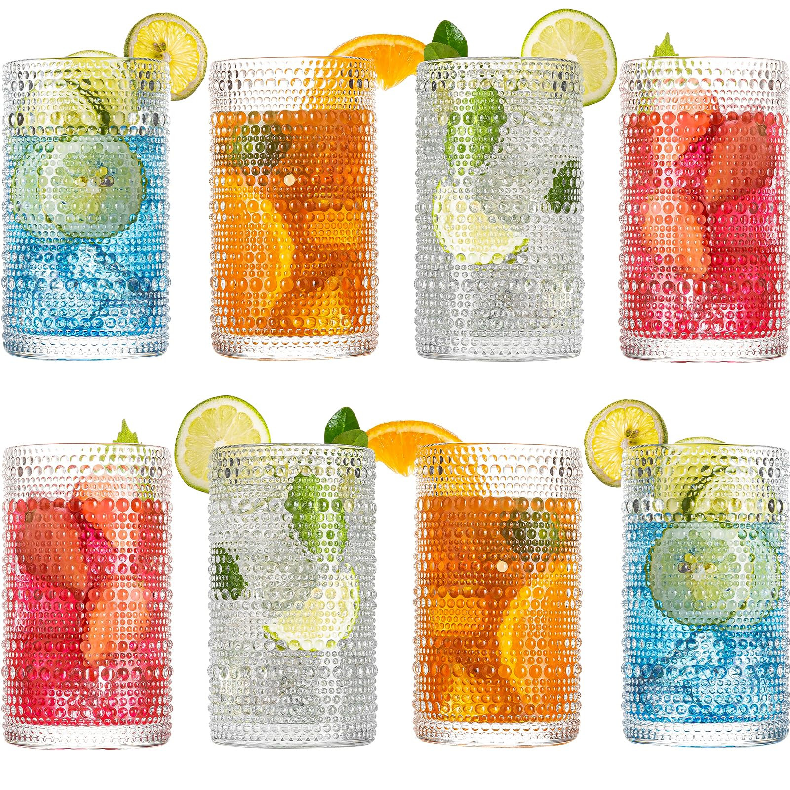 Drinking Glasses, 8 pcs Embossed Designed Glass Cups, 15oz Highball Glasses, Tall Water Glass Tum... | Amazon (US)