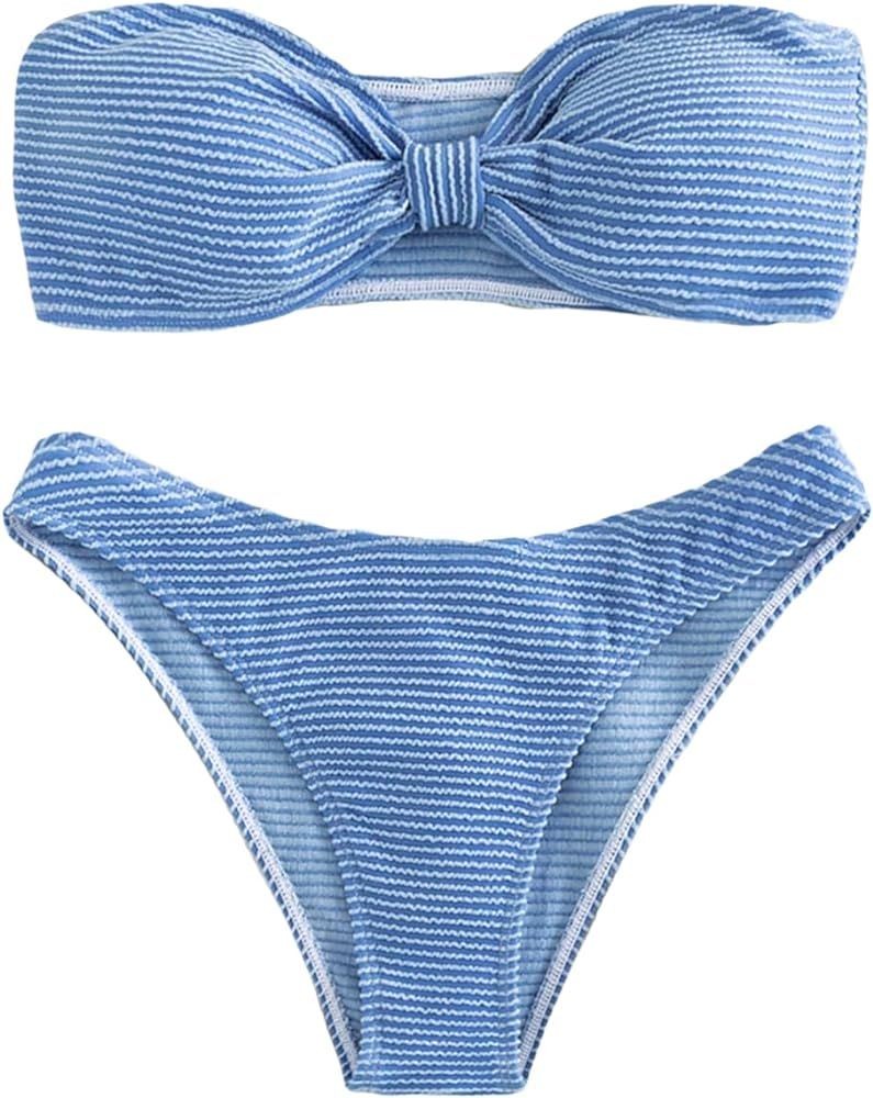 SHENHE Women's Striped Bandeau Bikini Set Summer Knot Swimsuit Bathing suit | Amazon (US)