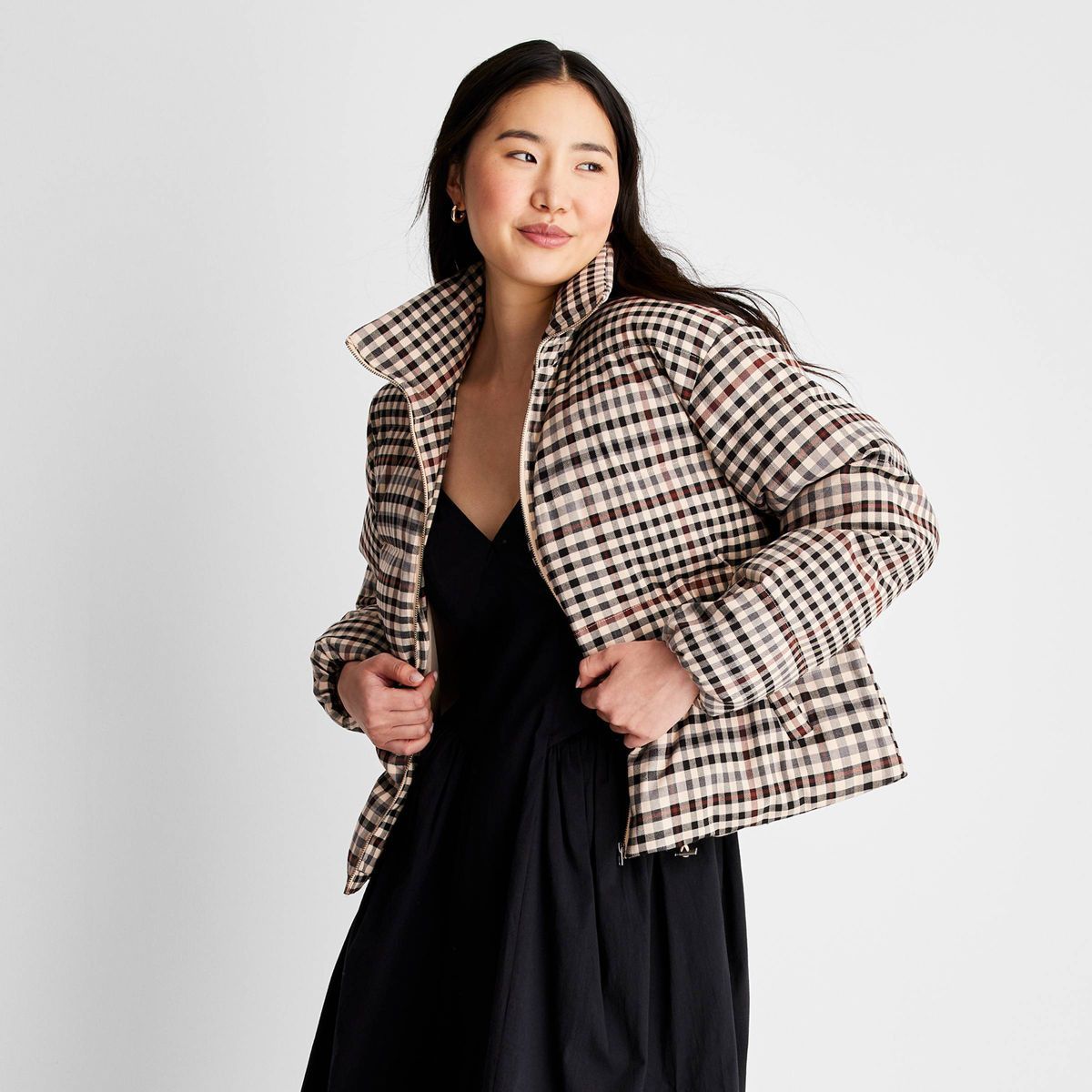 Women's Zip-Up Checkered Puffer Coat - Future Collective™ with Reese Blutstein Brown | Target