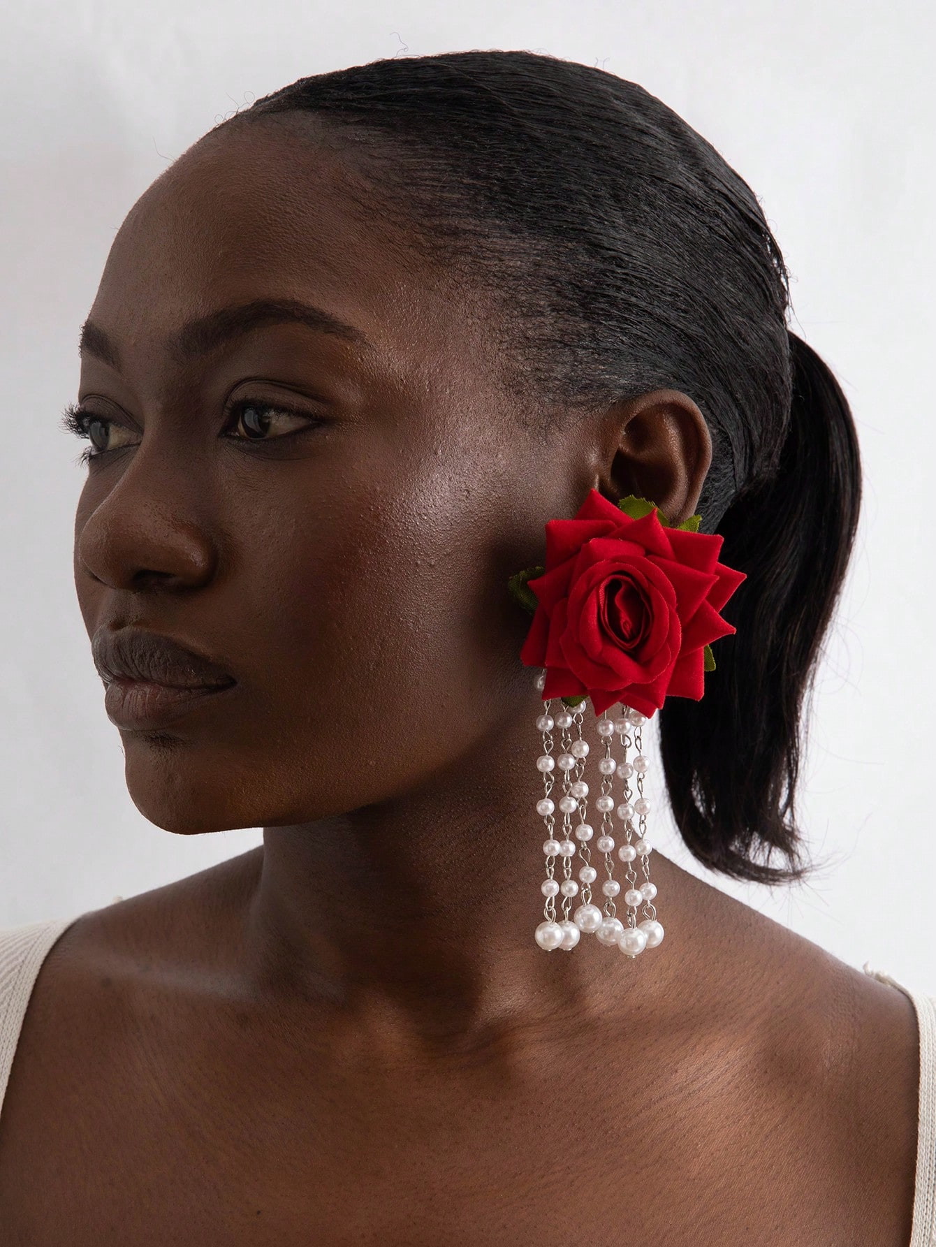 imoli 1 Pair Vintage Elegant Polyester Fabric 3D Rose Floral Element Red Tassel Faux Pearl Fashio... | SHEIN